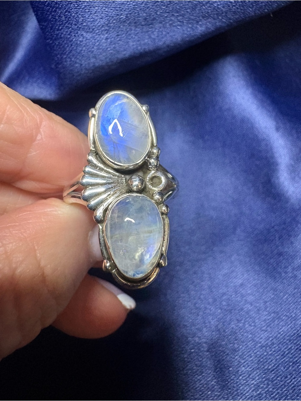 Ring Genuine Double Moonstone 925 Sterling Silver Bright Blue Flash - Picture 3 of 7